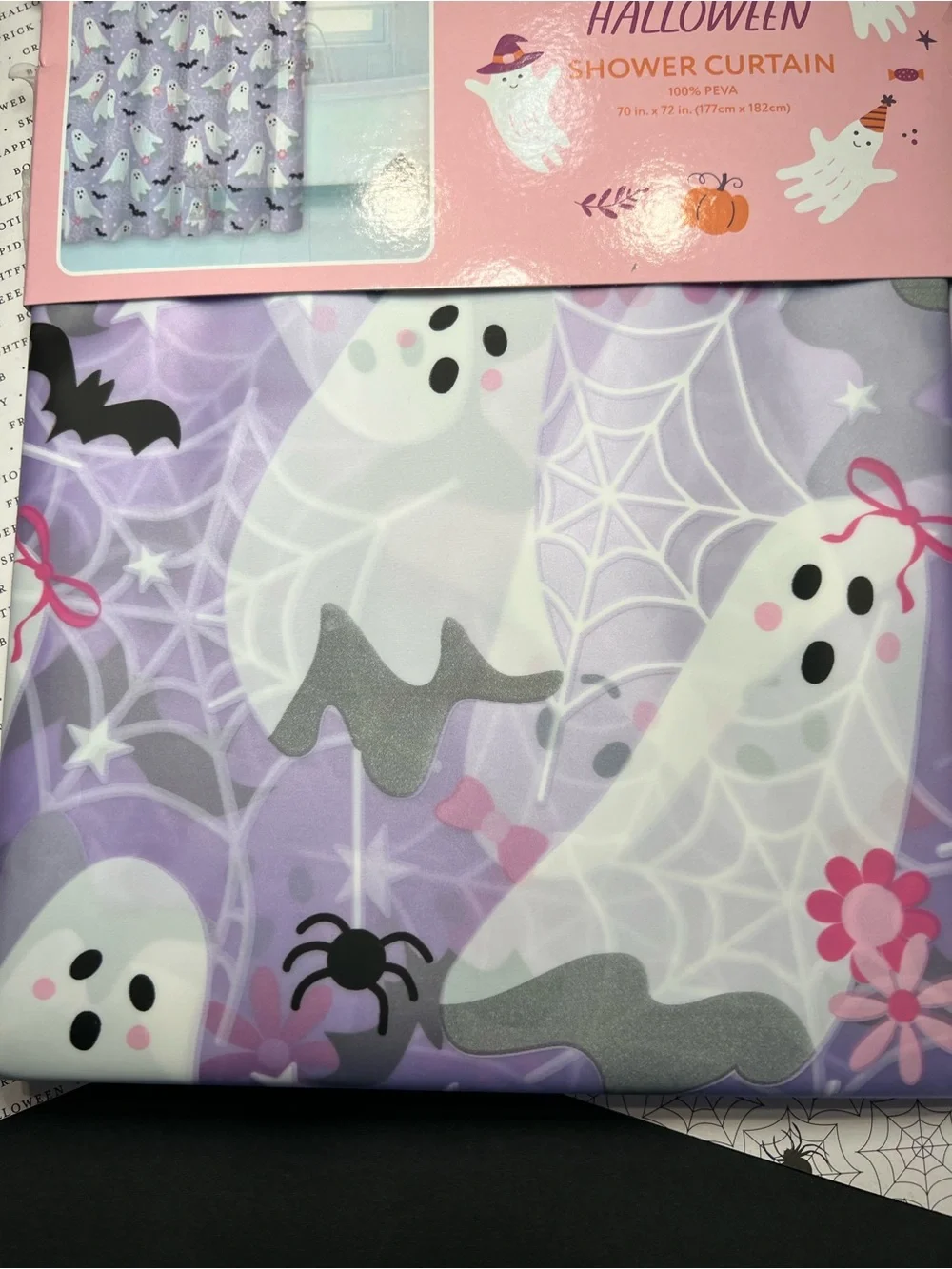Lavender Halloween Peva Shower Curtain Cute Ghosts Spider Webs Bats HairBows